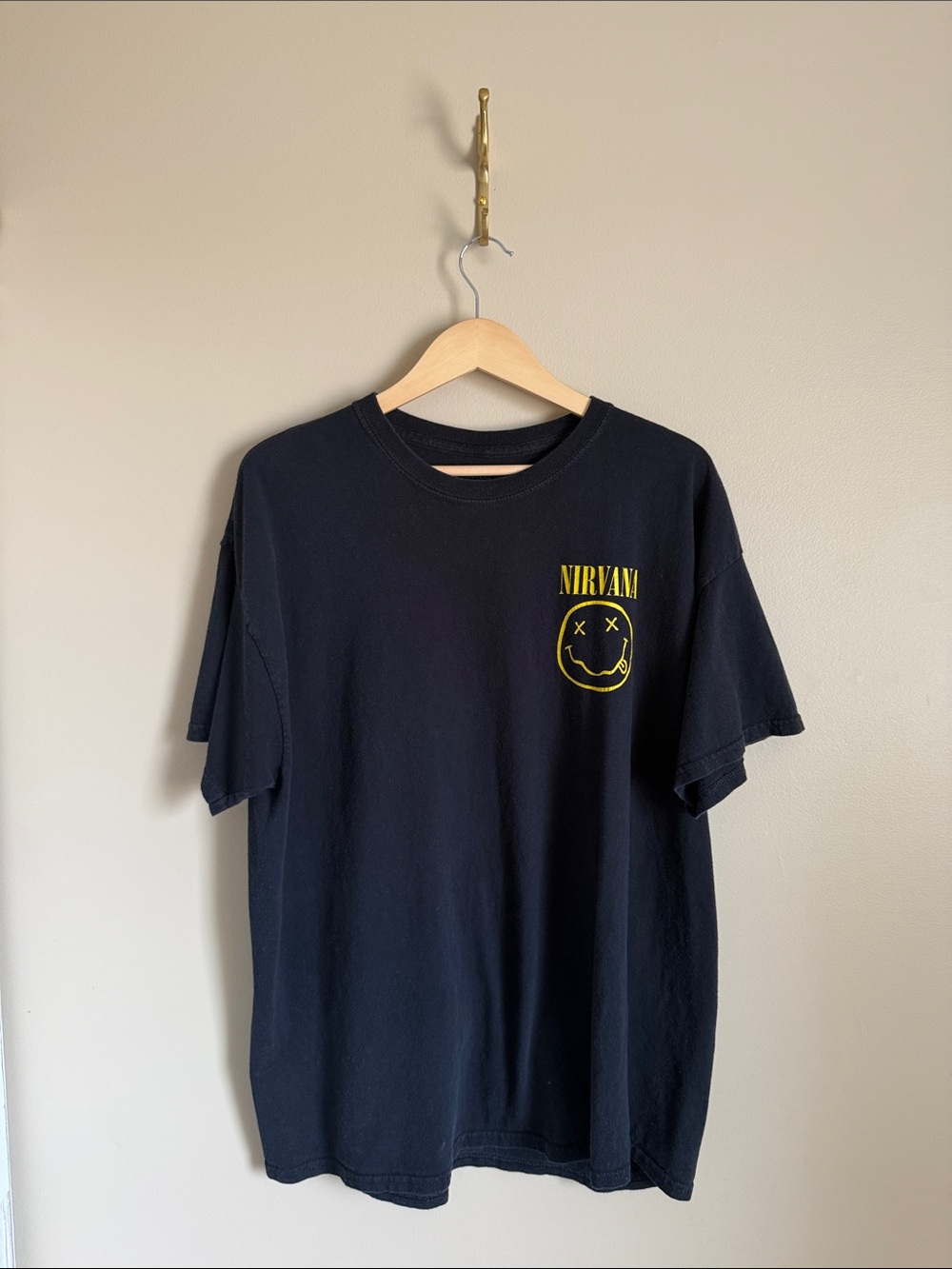 NIRVANA Black Tee with Yellow Smiley Chest Graphic